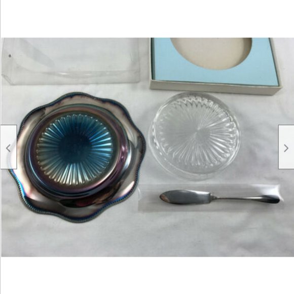 Vtg UNUSED Viking Plate Silverplate Cheese Serving Tray w Glass Dish & Knife - Picture 5 of 7